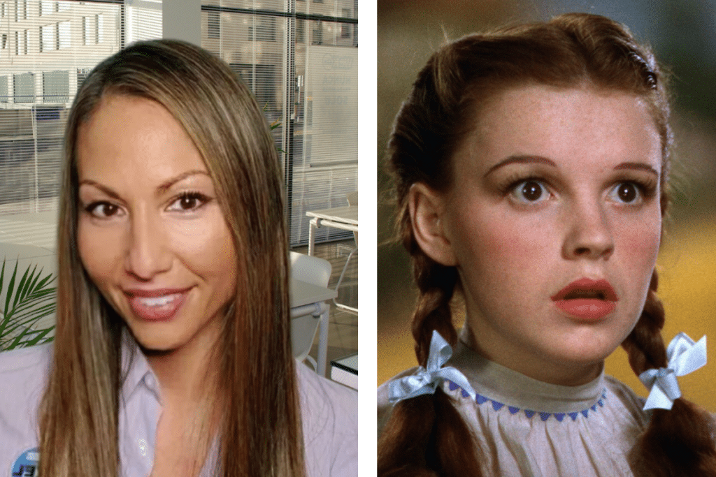 Headshot of Boca Raton IT Service executive with long brown hair alongside headshot of Dorothy from Wizard of Oz.