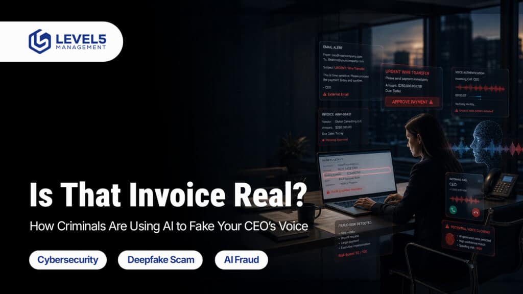 Small business owner reviewing a suspicious invoice on a laptop how to avoid a data breach from deepfake payment scams