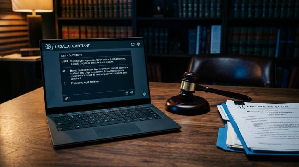 Laptop showing AI chatbot next to gavel and legal documents — AI attorney-client privilege ruling
