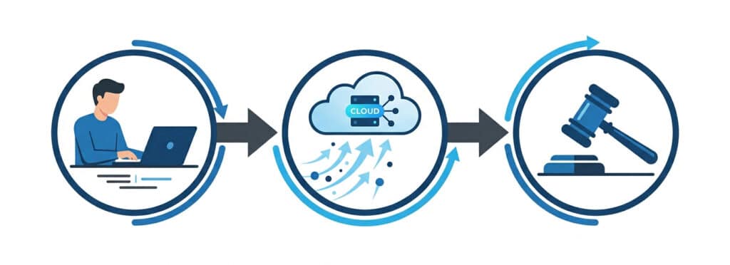 Infographic showing flow from person typing into AI to data on cloud servers to court gavel AI data becomes discoverable