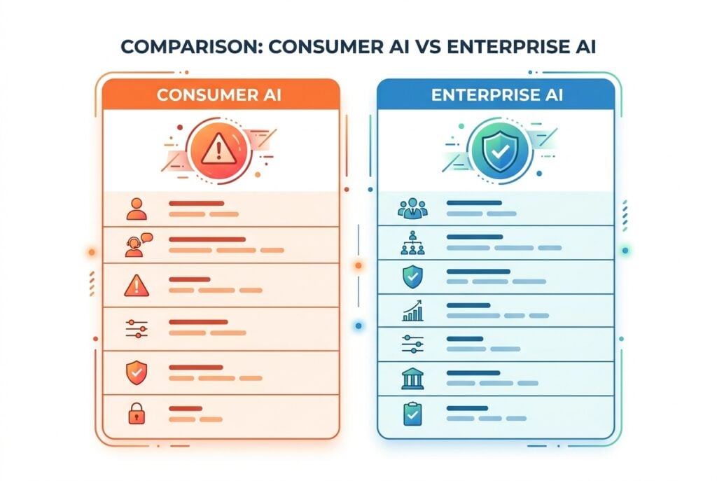 Comparison visual showing Consumer AI with warning icon versus Enterprise AI with shield checkmark icon
