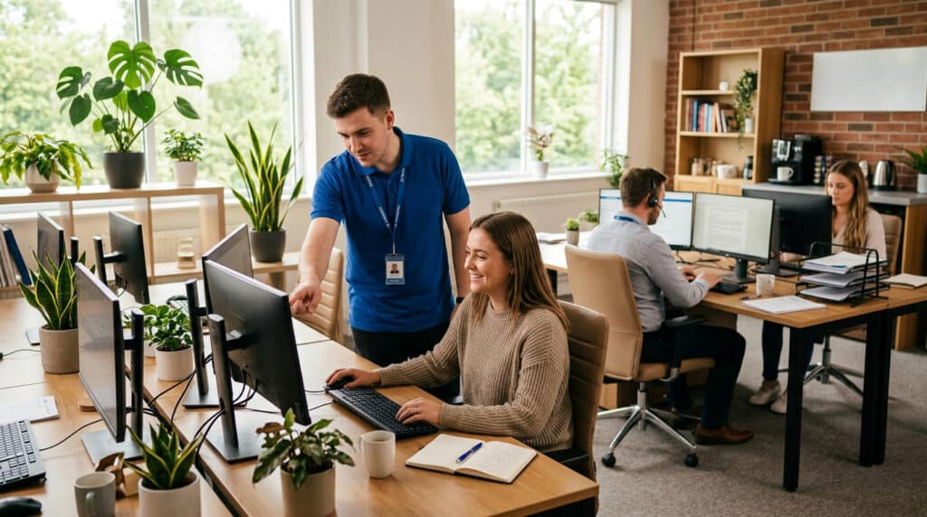 IT support technician helping a small business employee at their desk