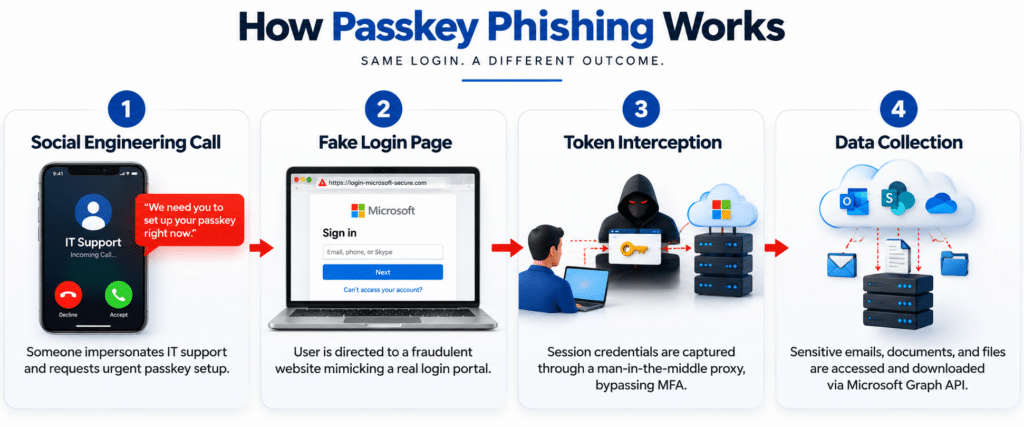 The 4-step passkey phishing attack: vishing call → fake login → token interception → data exfiltration