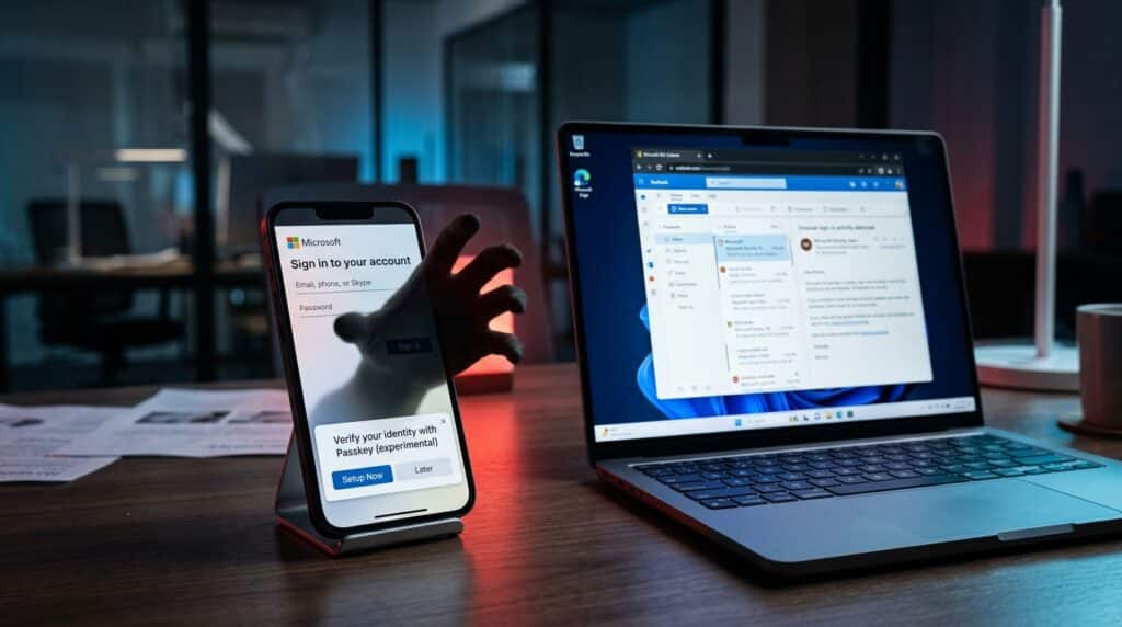 Smartphone showing fake Microsoft passkey setup screen next to laptop with Outlook passkey phishing attack concept