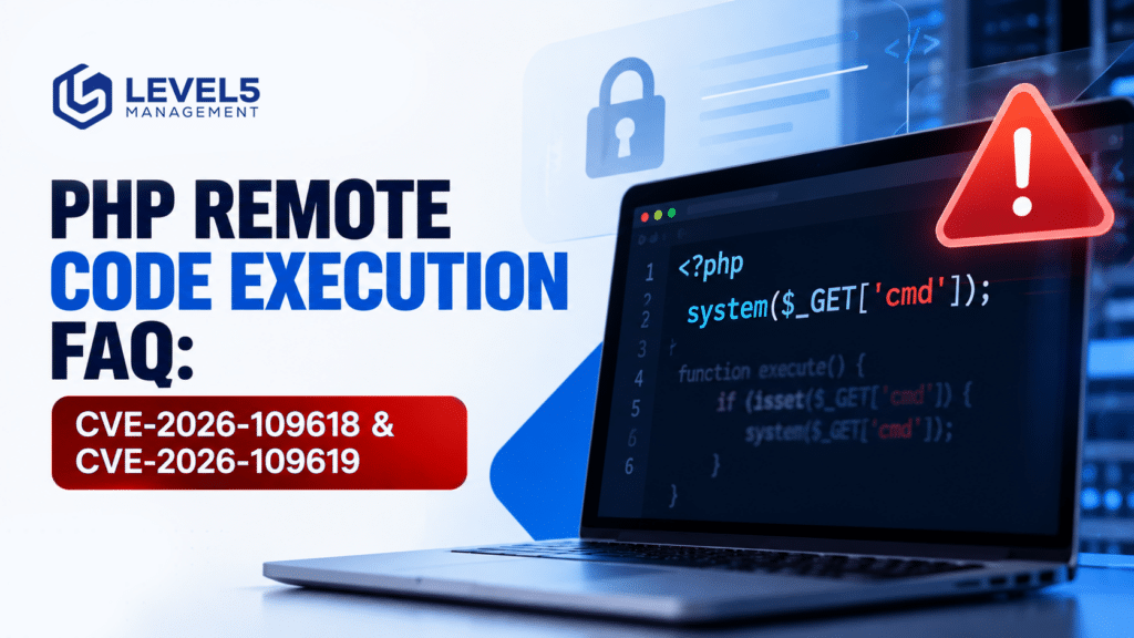 Cybersecurity alert graphic showing server racks and warning message regarding PHP remote code execution vulnerability and emergency patches